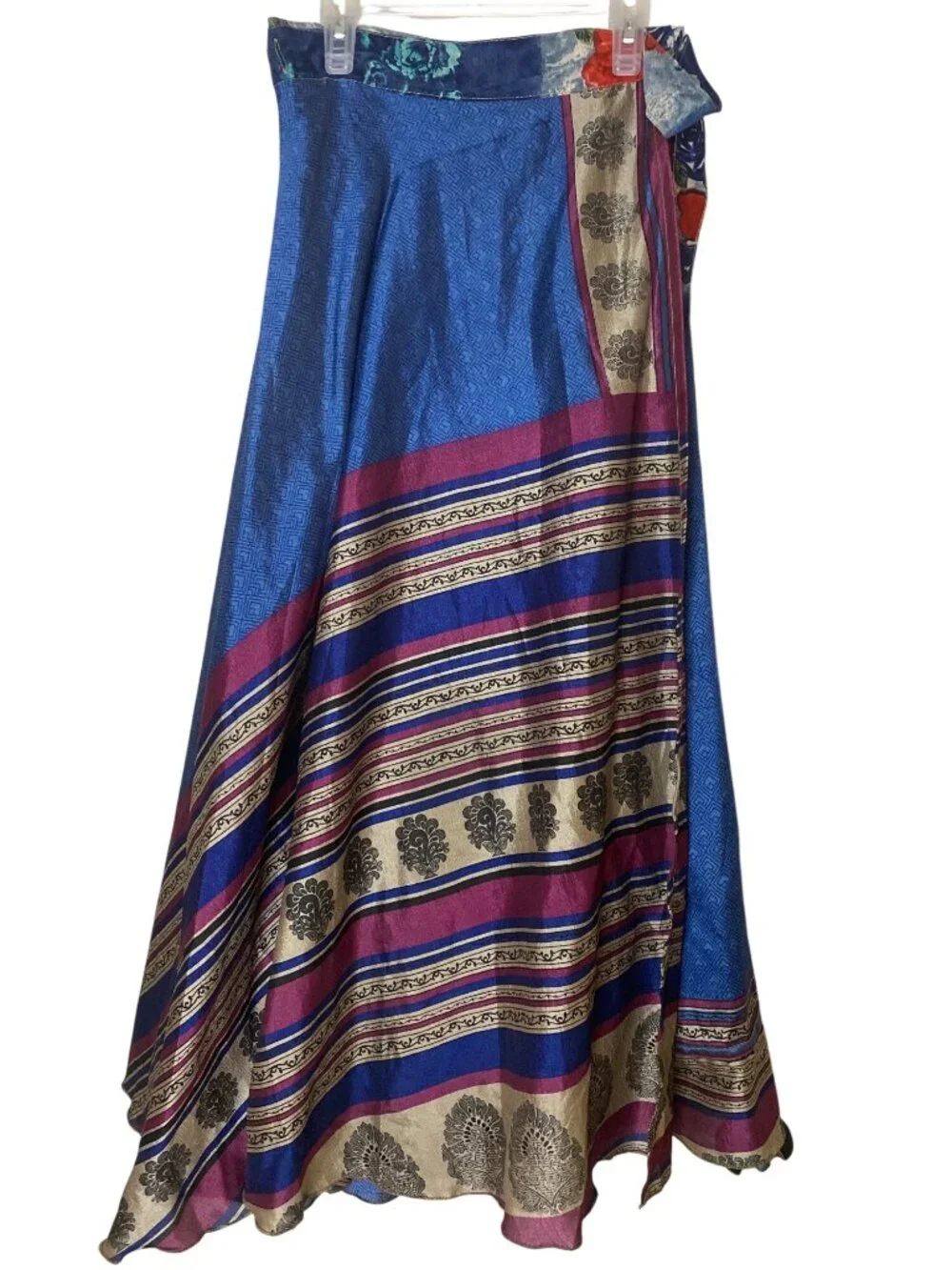 Reversible Sari Silk Magic Wrap Skirt Blue Boho Festival Hippie Maxi India OS